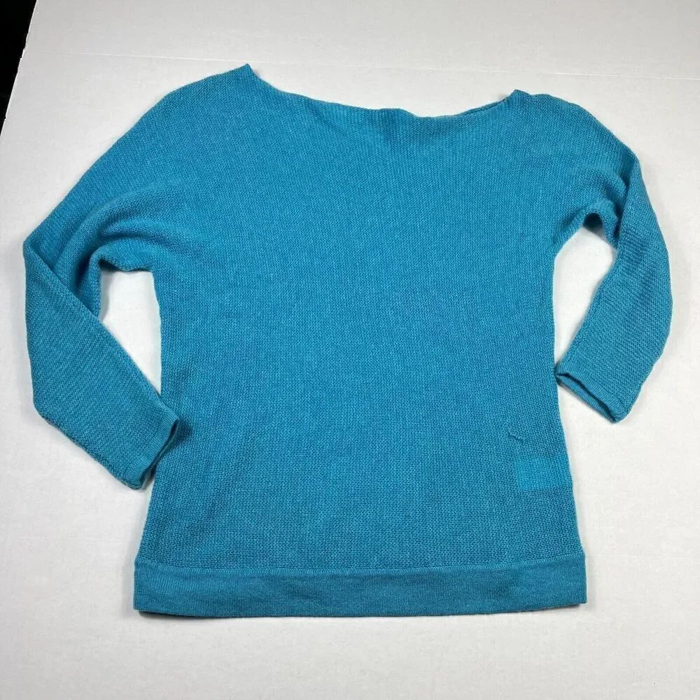 Minnie Rose Cashmere Sweater Blue Asymmetric Soft Minimalist Knit SMALL FLAW